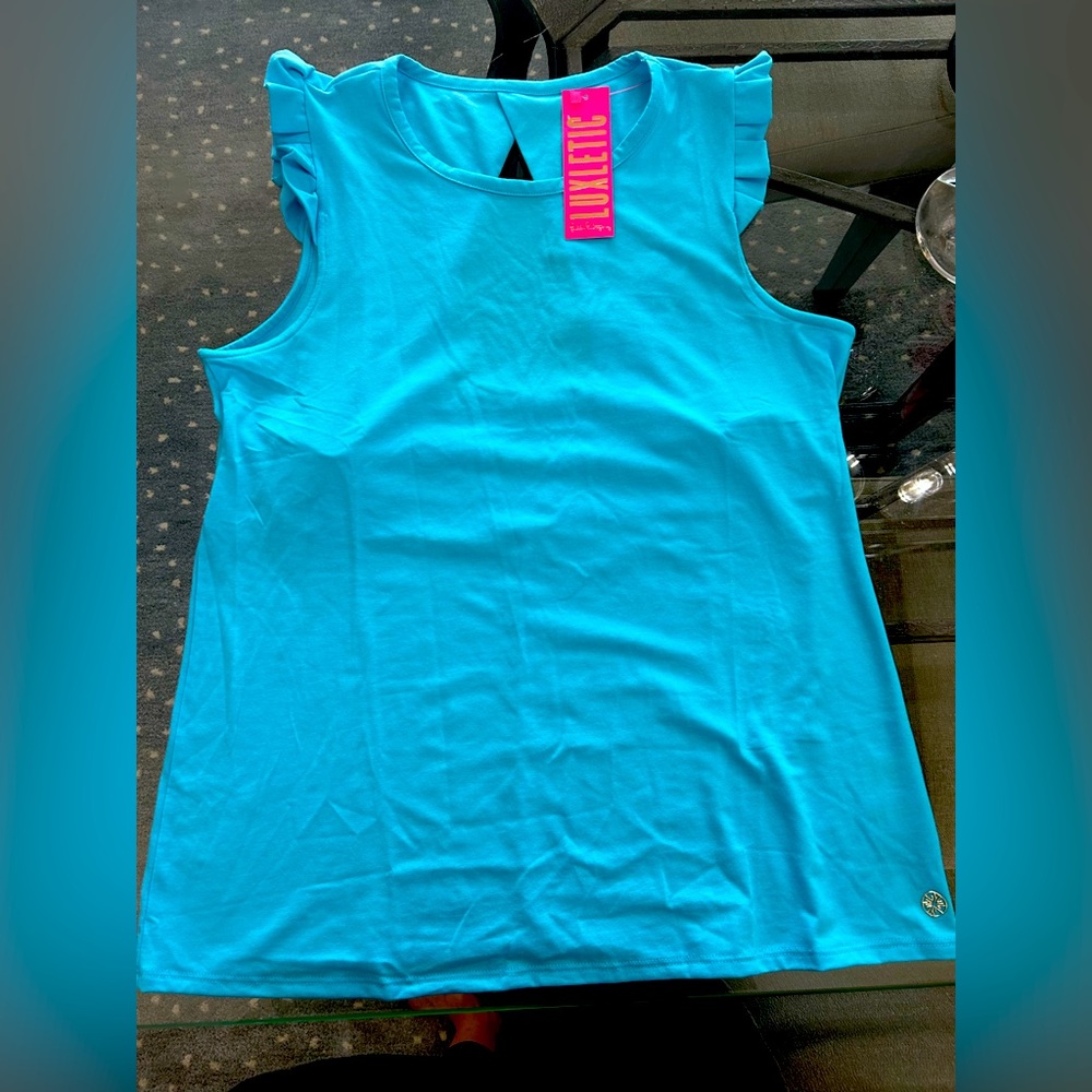 Lily Pulitzer Tank Top Blue, ruffle sleeves and open back detail. Size medium